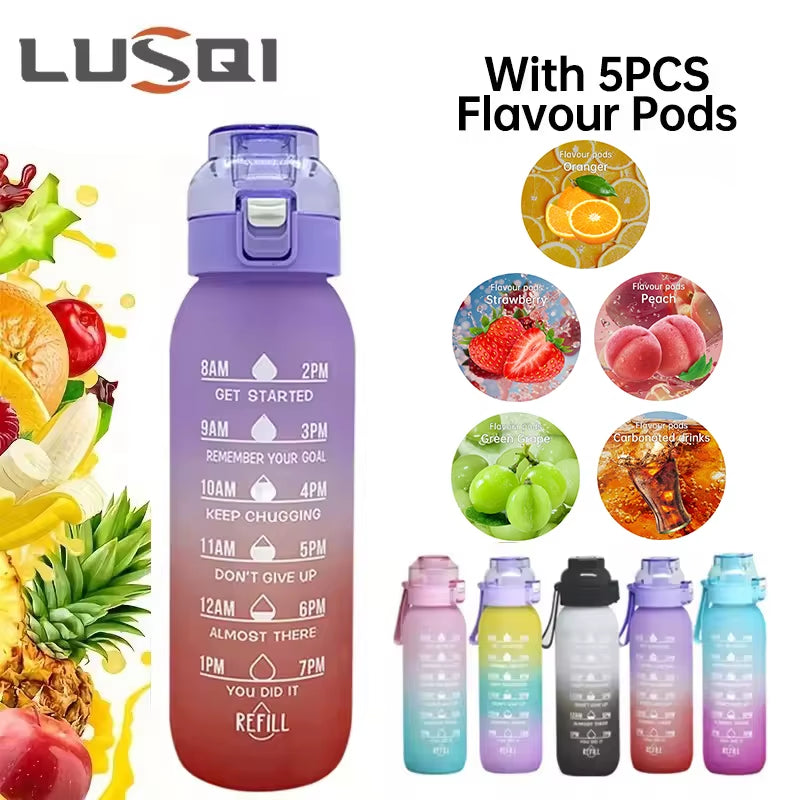 LUSQI 1PC 1000ML Flavor Water Bottle with Straw with 5PCS Flavor Pods Fashion Fitness Water Bottle for Outdoor Activities Sports