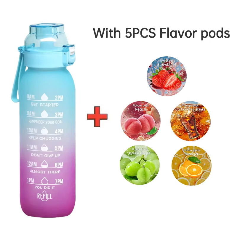 LUSQI 1PC 1000ML Flavor Water Bottle with Straw with 5PCS Flavor Pods Fashion Fitness Water Bottle for Outdoor Activities Sports