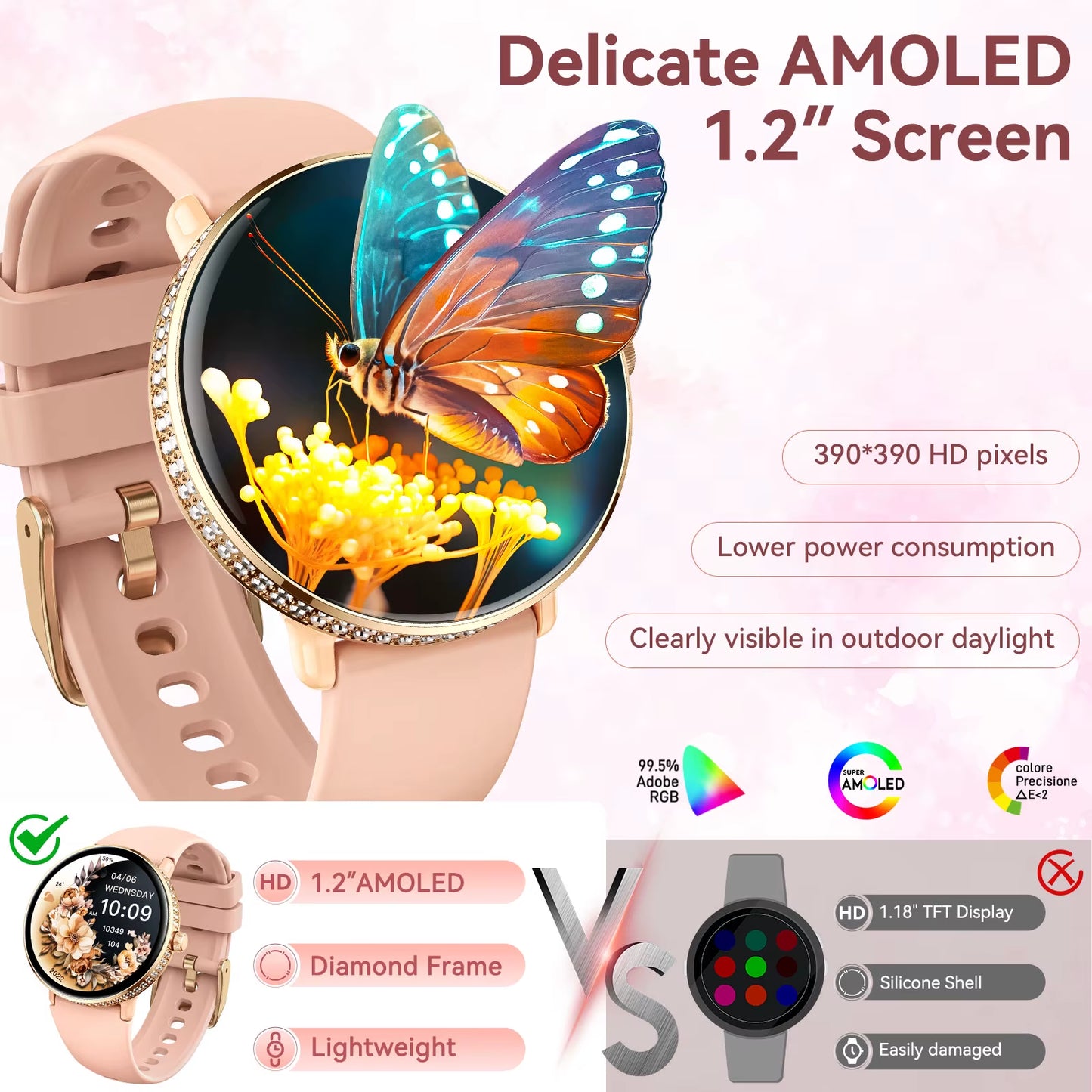 New Smart Watches Women with Diamonds 1.19" Full Touch AMOLED Screen with Heart Rate Sleep Monitor Stylish Smartwatch