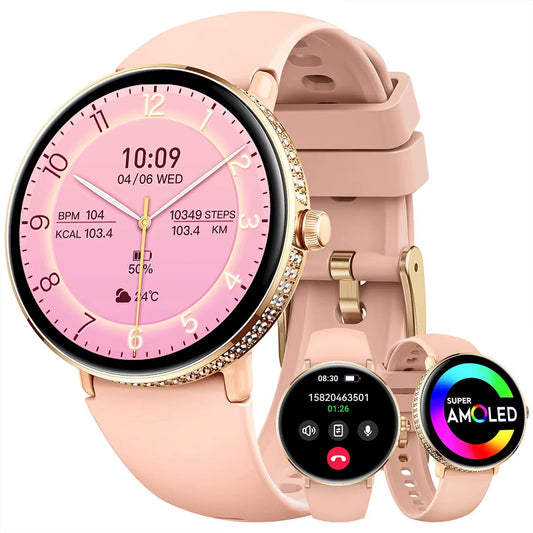 New Smart Watches Women with Diamonds 1.19" Full Touch AMOLED Screen with Heart Rate Sleep Monitor Stylish Smartwatch