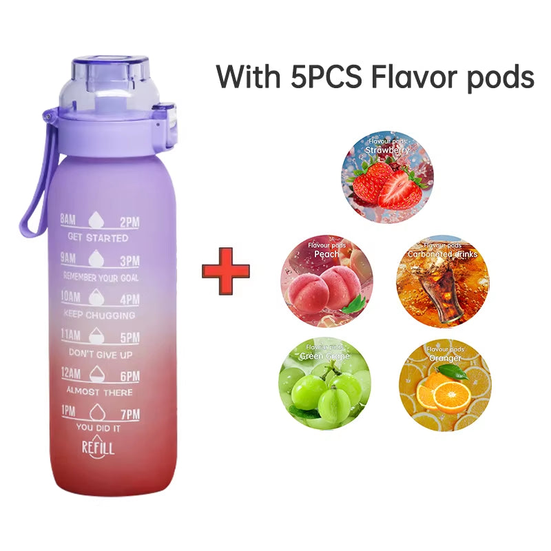 LUSQI 1PC 1000ML Flavor Water Bottle with Straw with 5PCS Flavor Pods Fashion Fitness Water Bottle for Outdoor Activities Sports