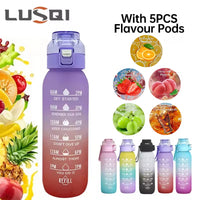 LUSQI 1PC 1000ML Flavor Water Bottle with Straw with 5PCS Flavor Pods Fashion Fitness Water Bottle for Outdoor Activities Sports