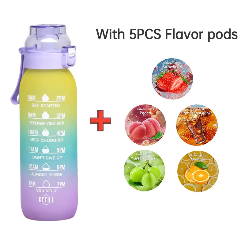LUSQI 1PC 1000ML Flavor Water Bottle with Straw with 5PCS Flavor Pods Fashion Fitness Water Bottle for Outdoor Activities Sports