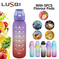 LUSQI 1PC 1000ML Flavor Water Bottle with Straw with 5PCS Flavor Pods Fashion Fitness Water Bottle for Outdoor Activities Sports