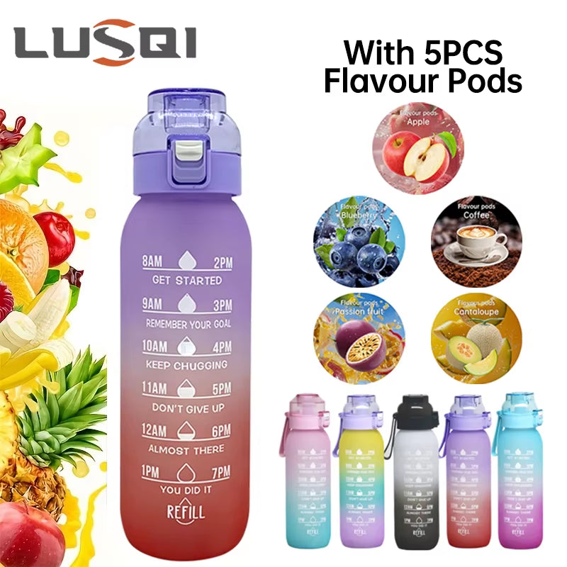 LUSQI 1PC 1000ML Flavor Water Bottle with Straw with 5PCS Flavor Pods Fashion Fitness Water Bottle for Outdoor Activities Sports