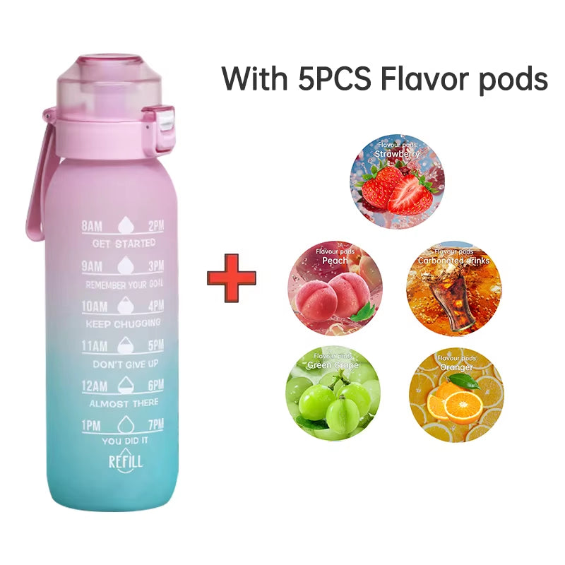 LUSQI 1PC 1000ML Flavor Water Bottle with Straw with 5PCS Flavor Pods Fashion Fitness Water Bottle for Outdoor Activities Sports