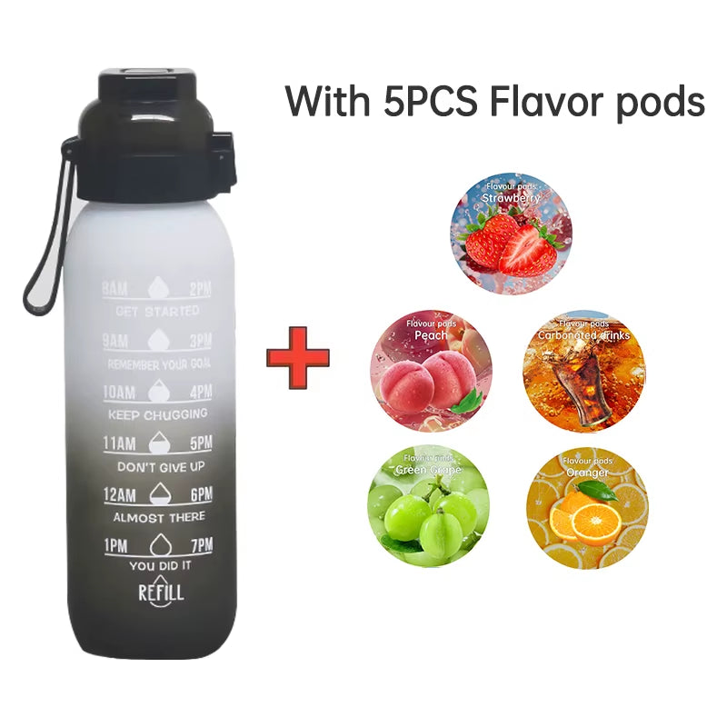LUSQI 1PC 1000ML Flavor Water Bottle with Straw with 5PCS Flavor Pods Fashion Fitness Water Bottle for Outdoor Activities Sports